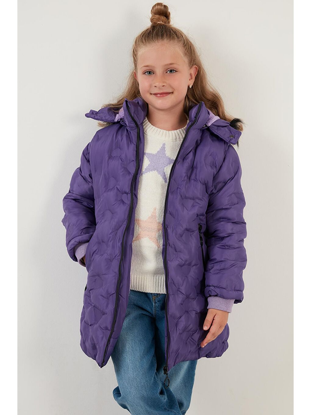 Lila Yakası Suni Kürklü Çıkarılabilir Kapüşonlu Peluş Astarlı Kışlık Uzun Mont 5760003-2