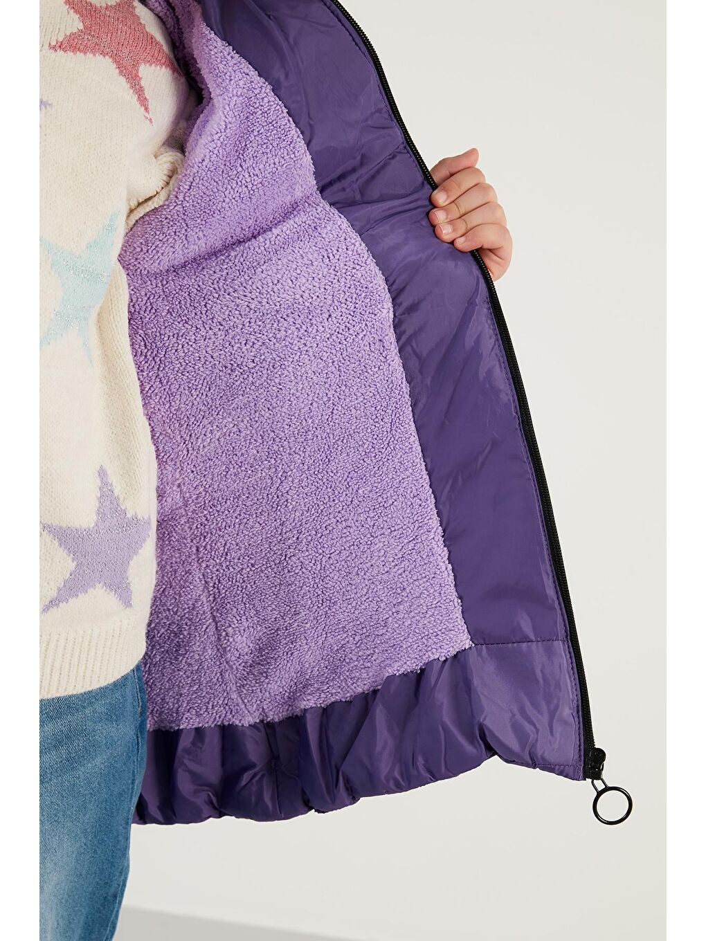 Lila Yakası Suni Kürklü Çıkarılabilir Kapüşonlu Peluş Astarlı Kışlık Uzun Mont 5760003-3