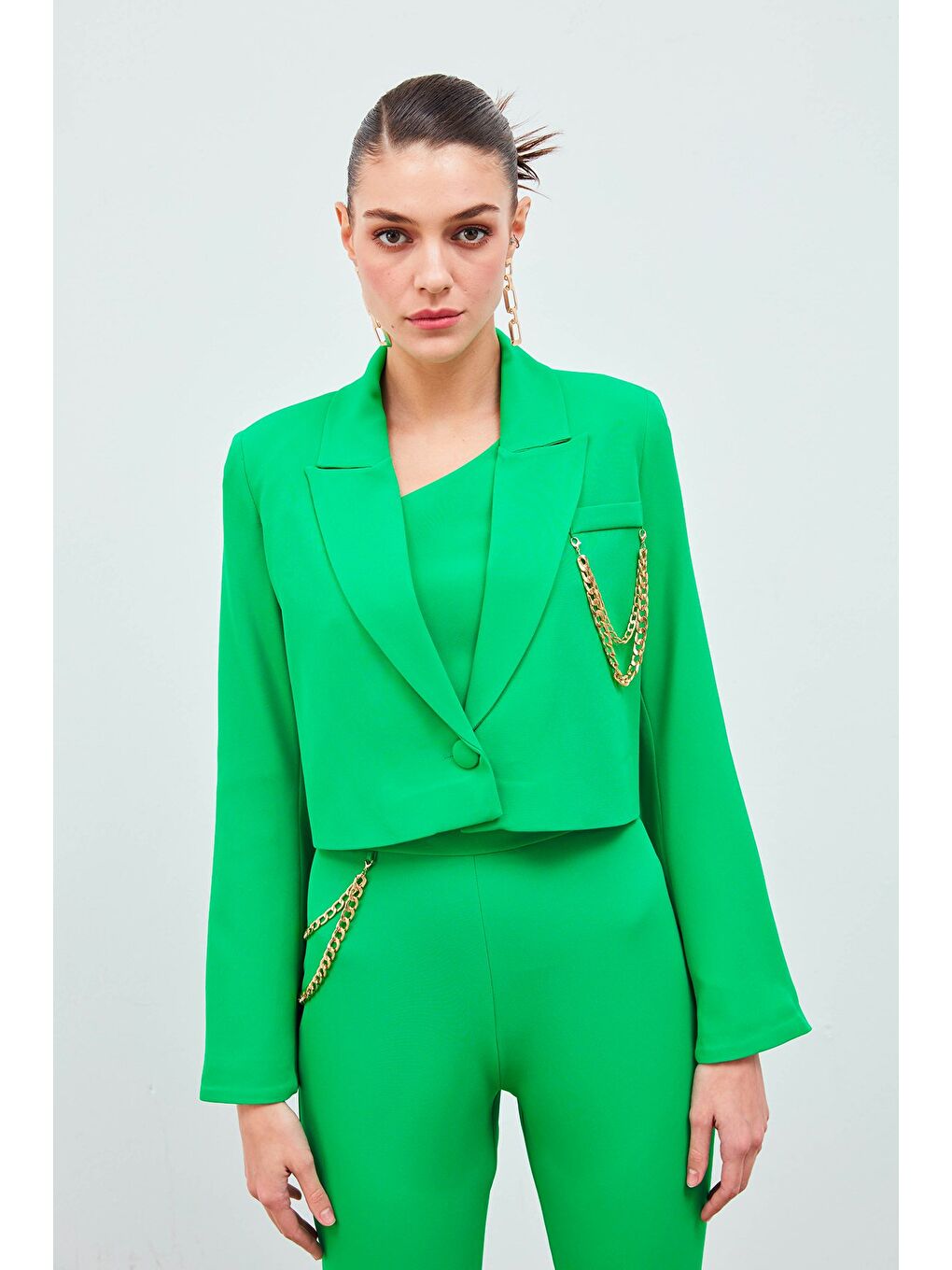 Geniş Kol Detaylı Aksesuarlı Ceket - Yeşil