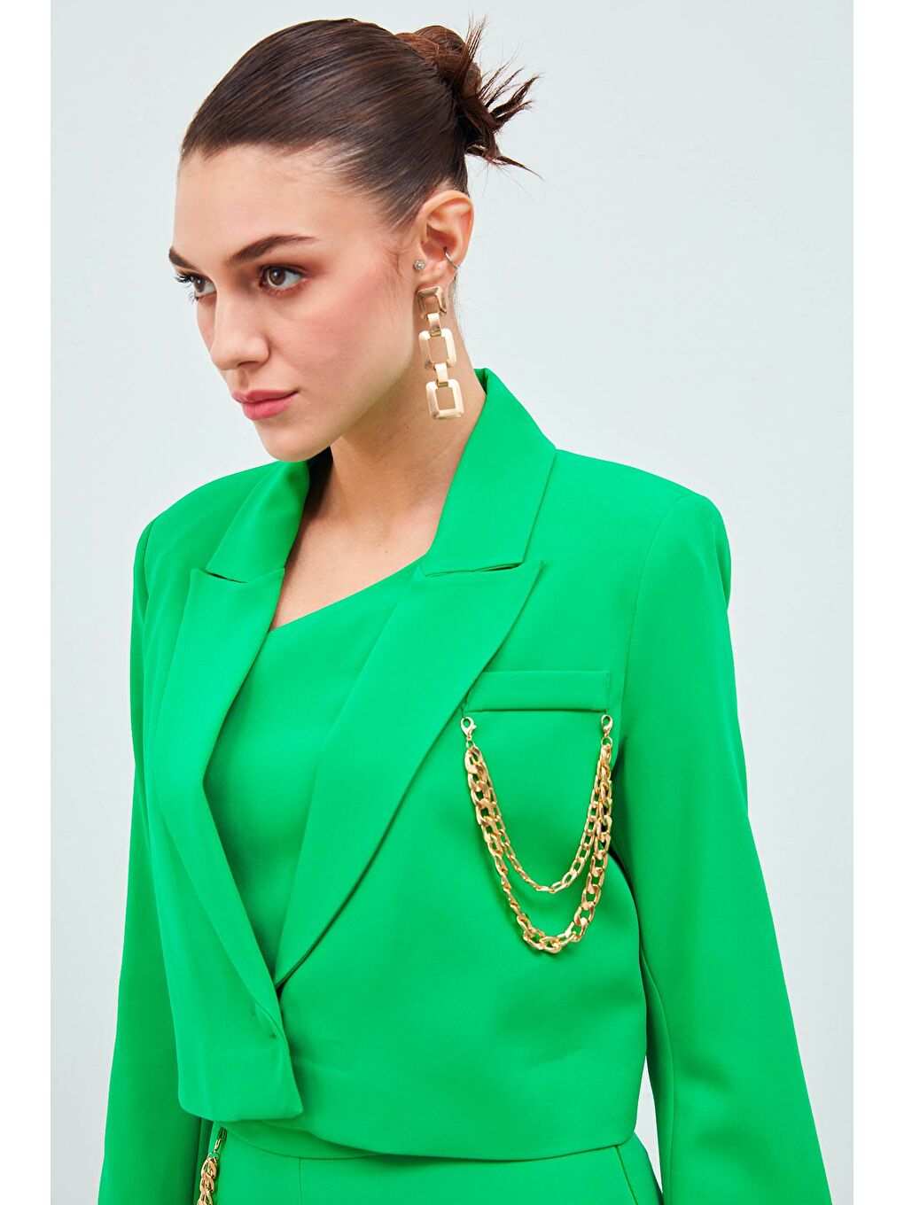 Geniş Kol Detaylı Aksesuarlı Ceket - Yeşil-2