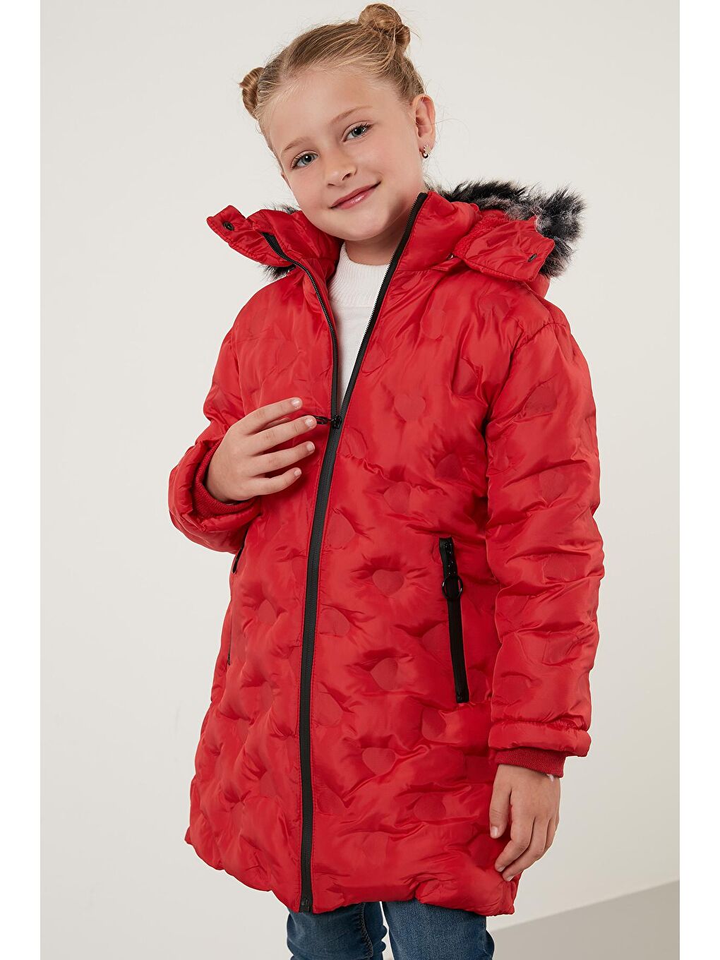 Kırmızı Yakası Suni Kürklü Çıkarılabilir Kapüşonlu Peluş Astarlı Kışlık Uzun Mont 5760003-1