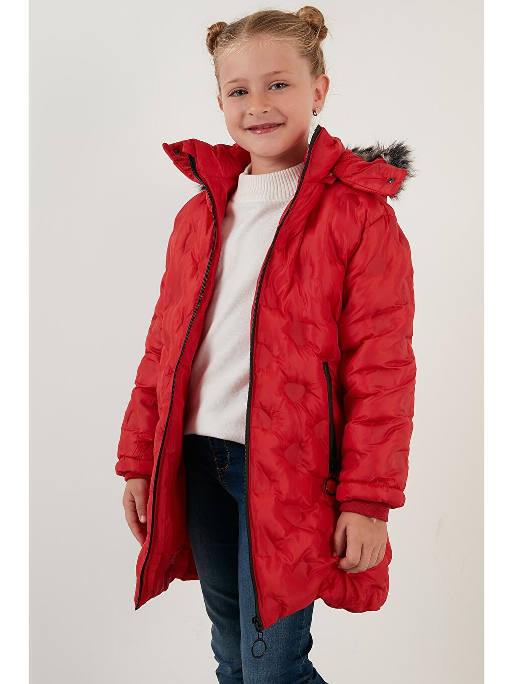 Kırmızı Yakası Suni Kürklü Çıkarılabilir Kapüşonlu Peluş Astarlı Kışlık Uzun Mont 5760003-2