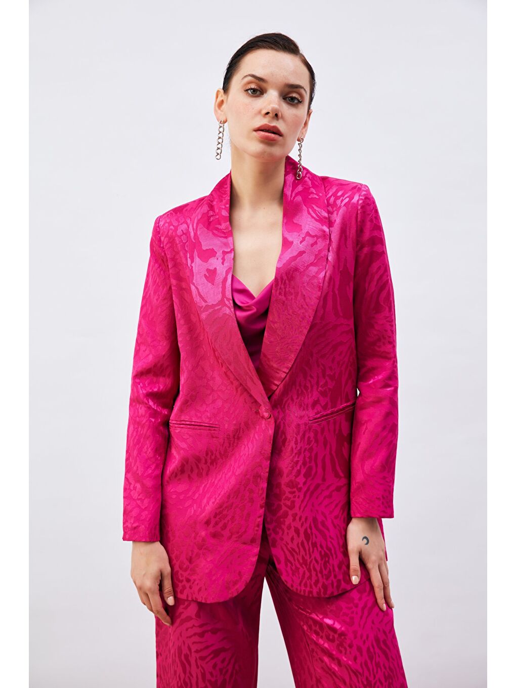 Desenli Saten Ceket - Fuşya-1