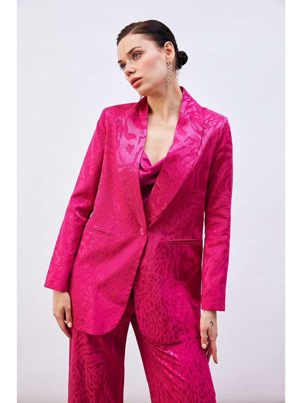 Desenli Saten Ceket - Fuşya-2