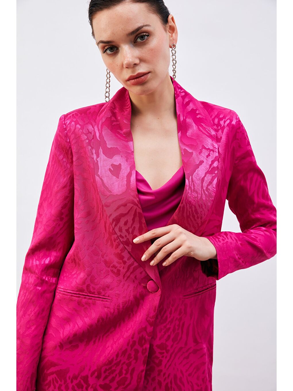 Desenli Saten Ceket - Fuşya-4