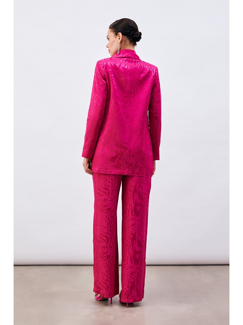 Desenli Saten Ceket - Fuşya-5