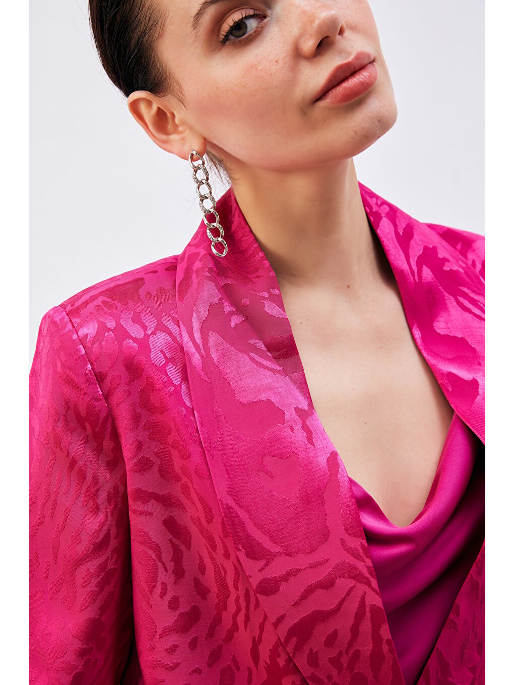 Desenli Saten Ceket - Fuşya-6