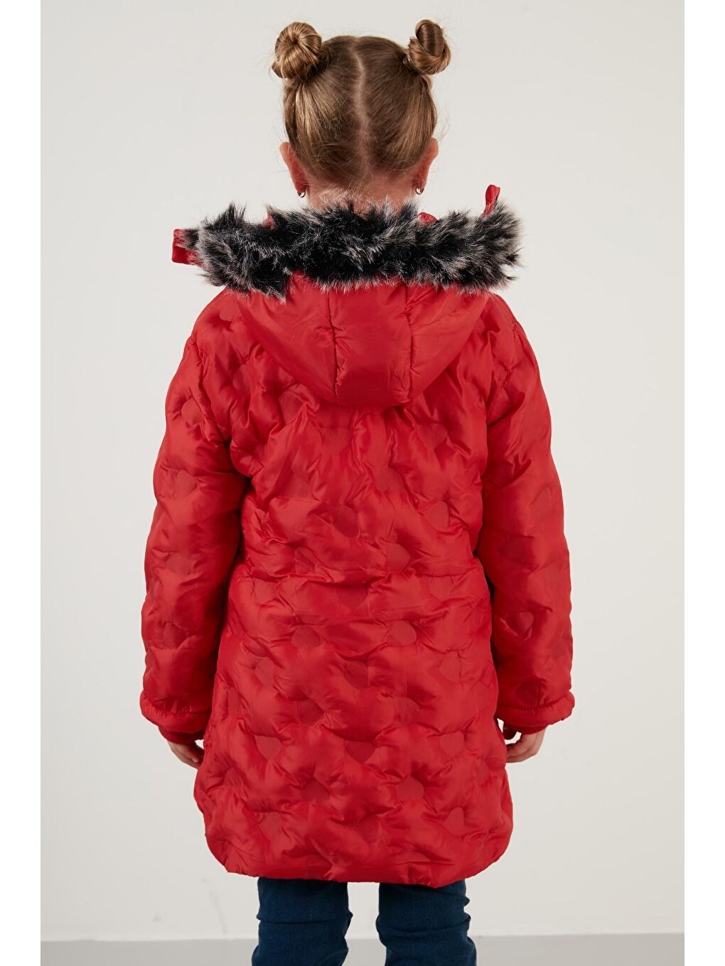 Kırmızı Yakası Suni Kürklü Çıkarılabilir Kapüşonlu Peluş Astarlı Kışlık Uzun Mont 5760003-4