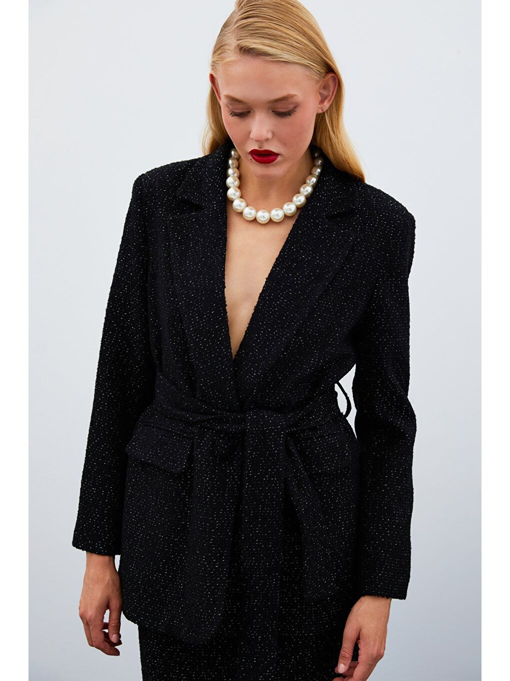 Kuşaklı Tüvit Ceket - Siyah-1