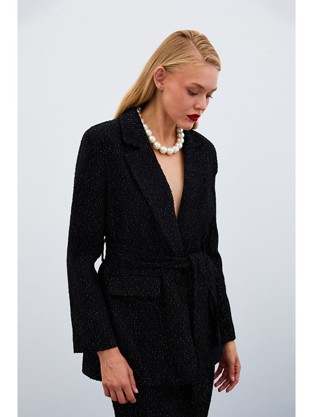 Kuşaklı Tüvit Ceket - Siyah-2