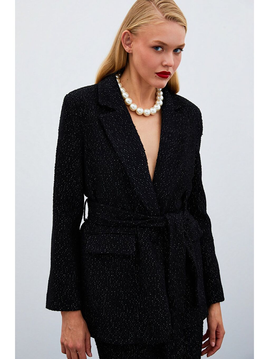 Kuşaklı Tüvit Ceket - Siyah-3