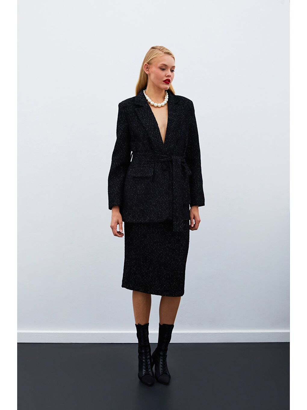 Kuşaklı Tüvit Ceket - Siyah-4