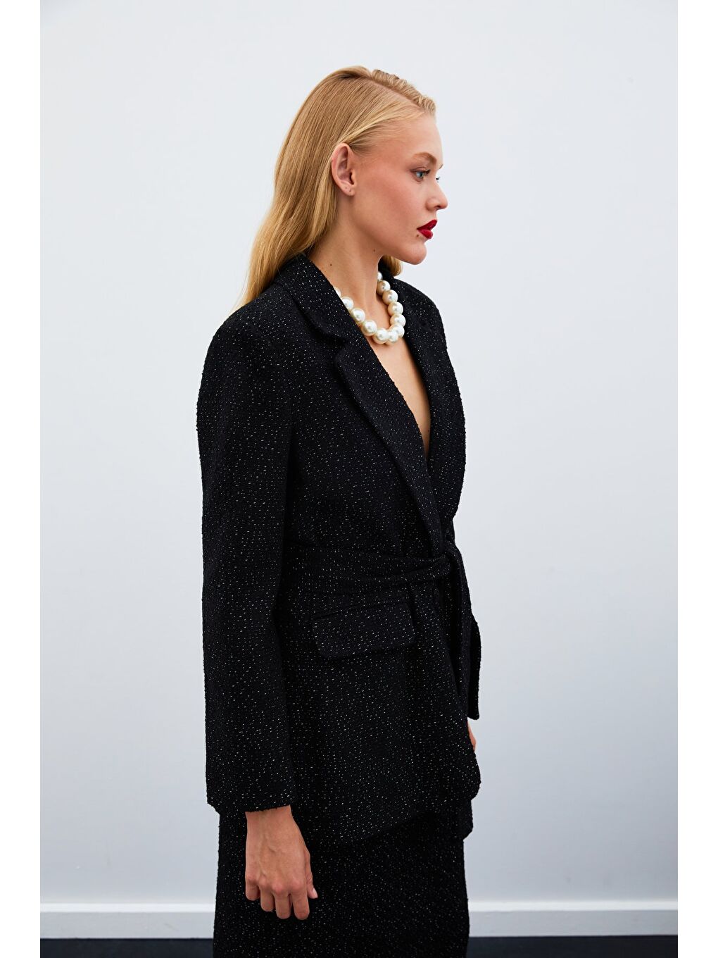 Kuşaklı Tüvit Ceket - Siyah-5