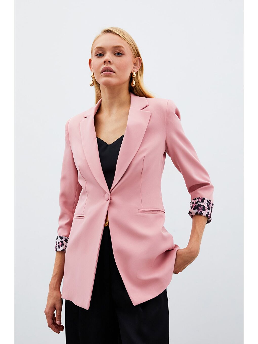 Pembe Mono Yaka Klasik Ceket - Pudra-1