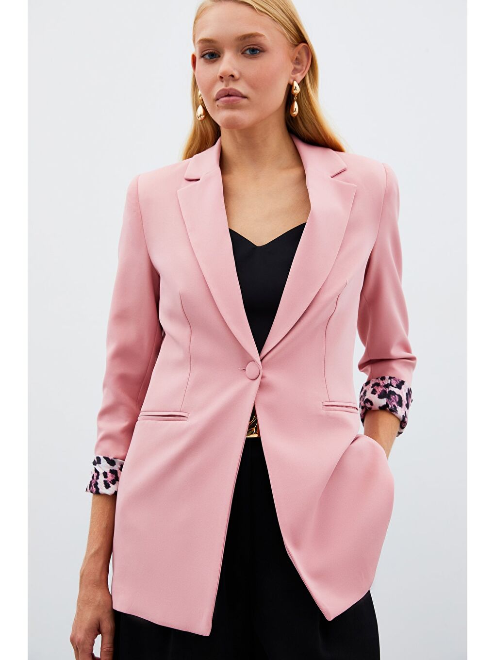 Pembe Mono Yaka Klasik Ceket - Pudra-2