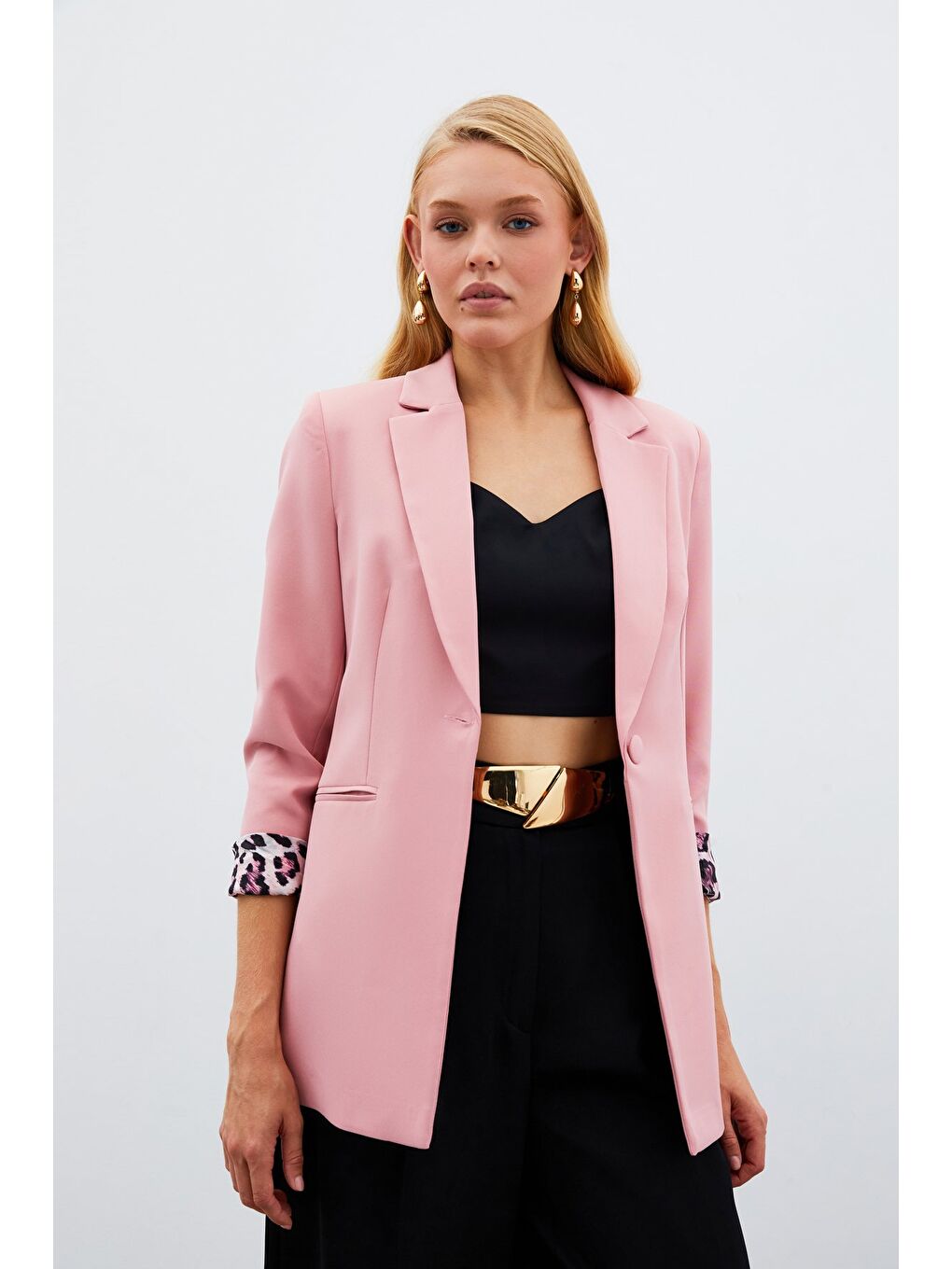 Pembe Mono Yaka Klasik Ceket - Pudra-3