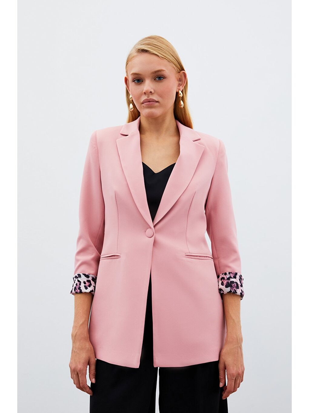 Pembe Mono Yaka Klasik Ceket - Pudra-5