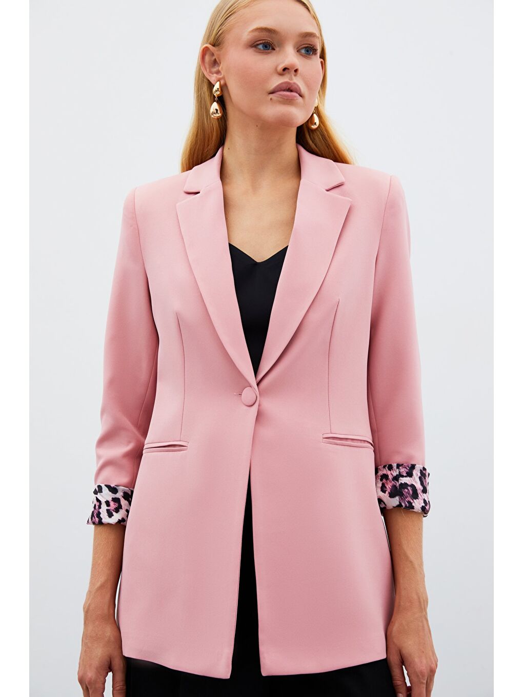 Pembe Mono Yaka Klasik Ceket - Pudra-6