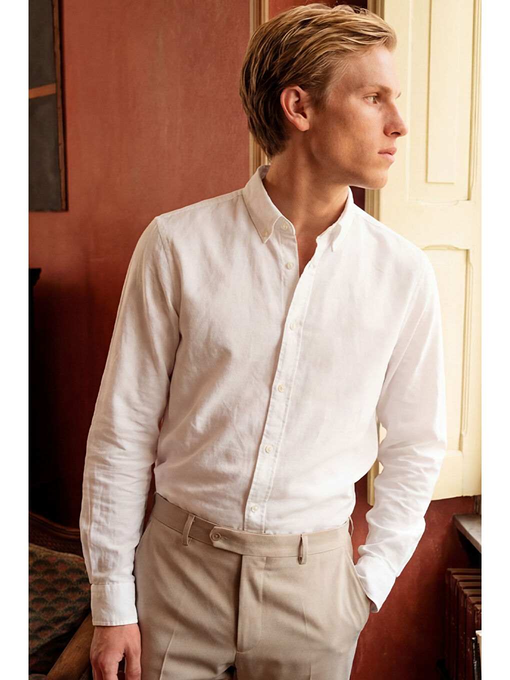 Erkek Beyaz Tailored Slim Fit Dar Kesim Düğmeli Yaka Oxford Gömlek-1