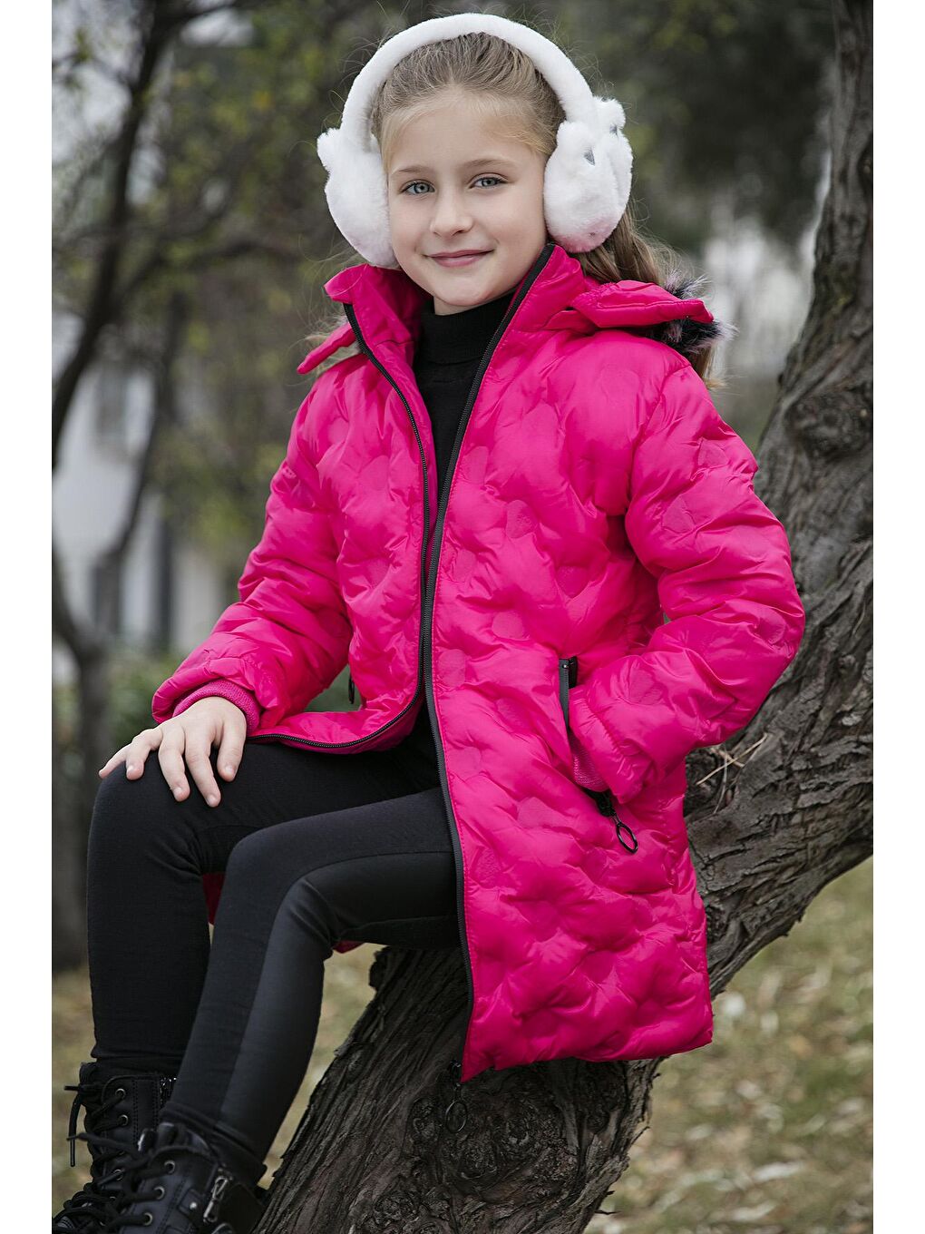 Fuşya Yakası Suni Kürklü Çıkarılabilir Kapüşonlu Pelüş Astarlı Kışlık Uzun Kız Çocuk 5760003