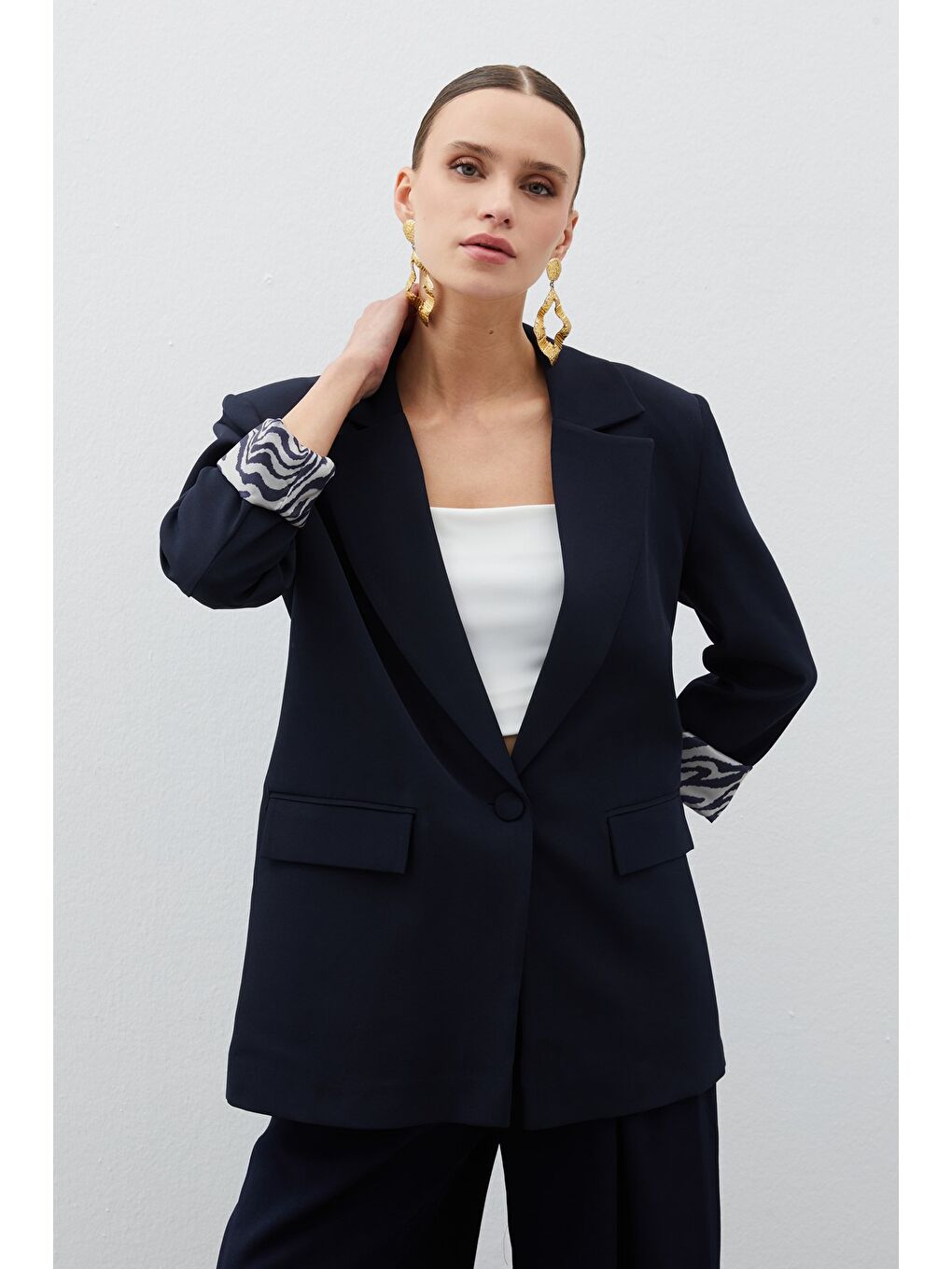 Zebra Astarlı Uzun Ceket - Lacivert-1