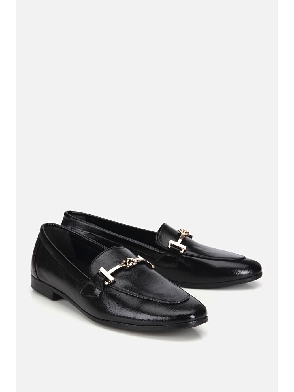 Kadın Siyah Rugan Gold Tokalı Loafer-1