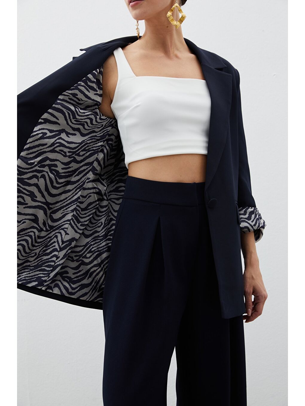 Zebra Astarlı Uzun Ceket - Lacivert-6