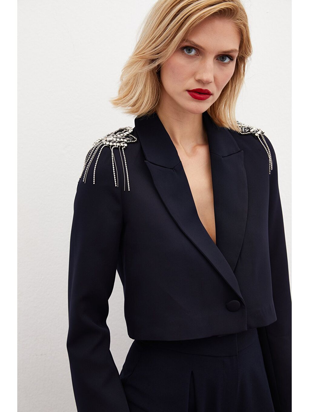 Omuz Aksesuarlı Kısa Ceket - Lacivert-3