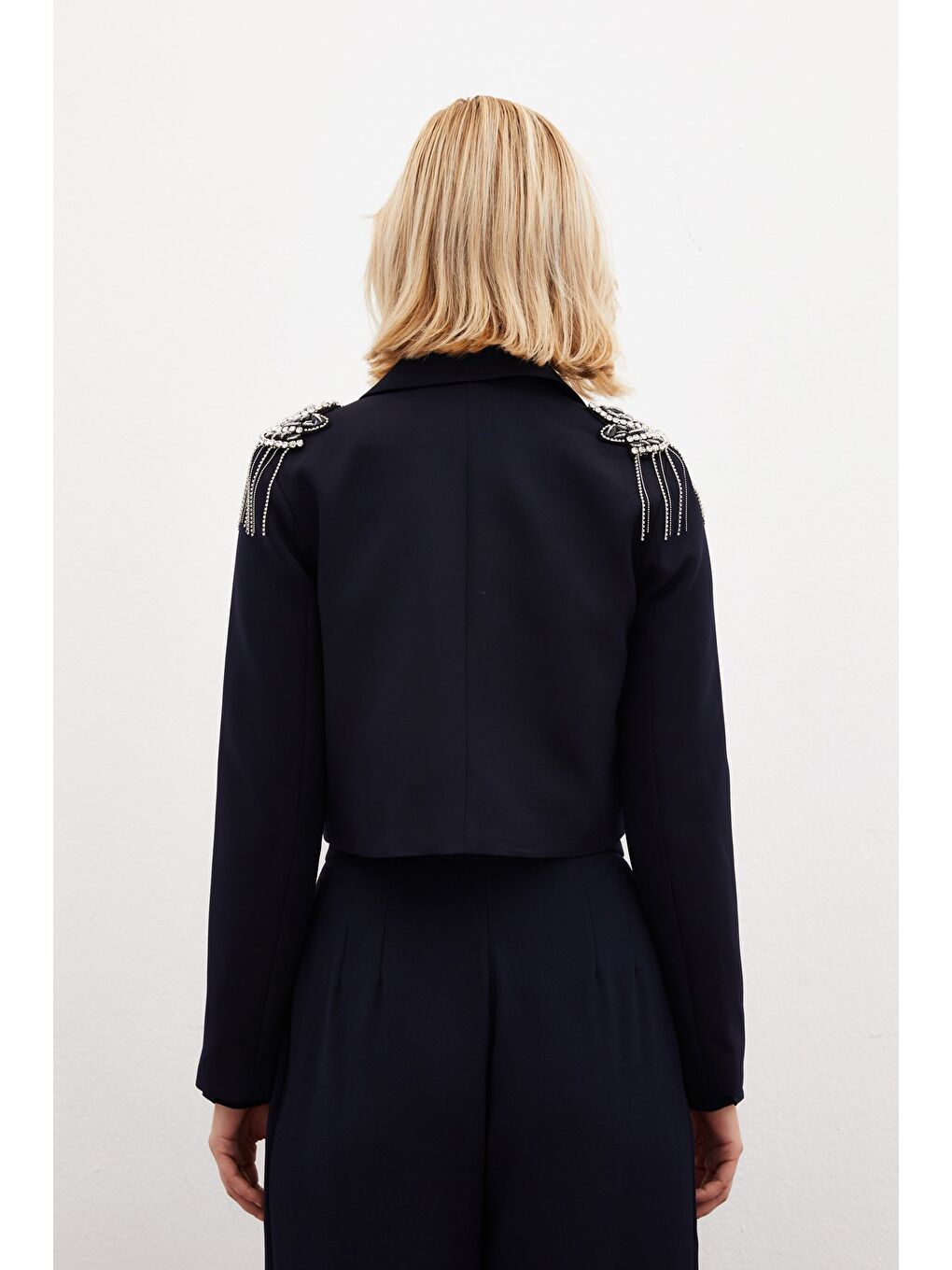 Omuz Aksesuarlı Kısa Ceket - Lacivert-6