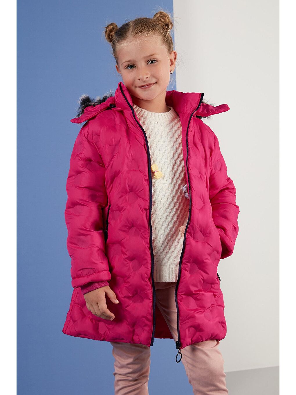 Fuşya Yakası Suni Kürklü Çıkarılabilir Kapüşonlu Pelüş Astarlı Kışlık Uzun Kız Çocuk 5760003-2