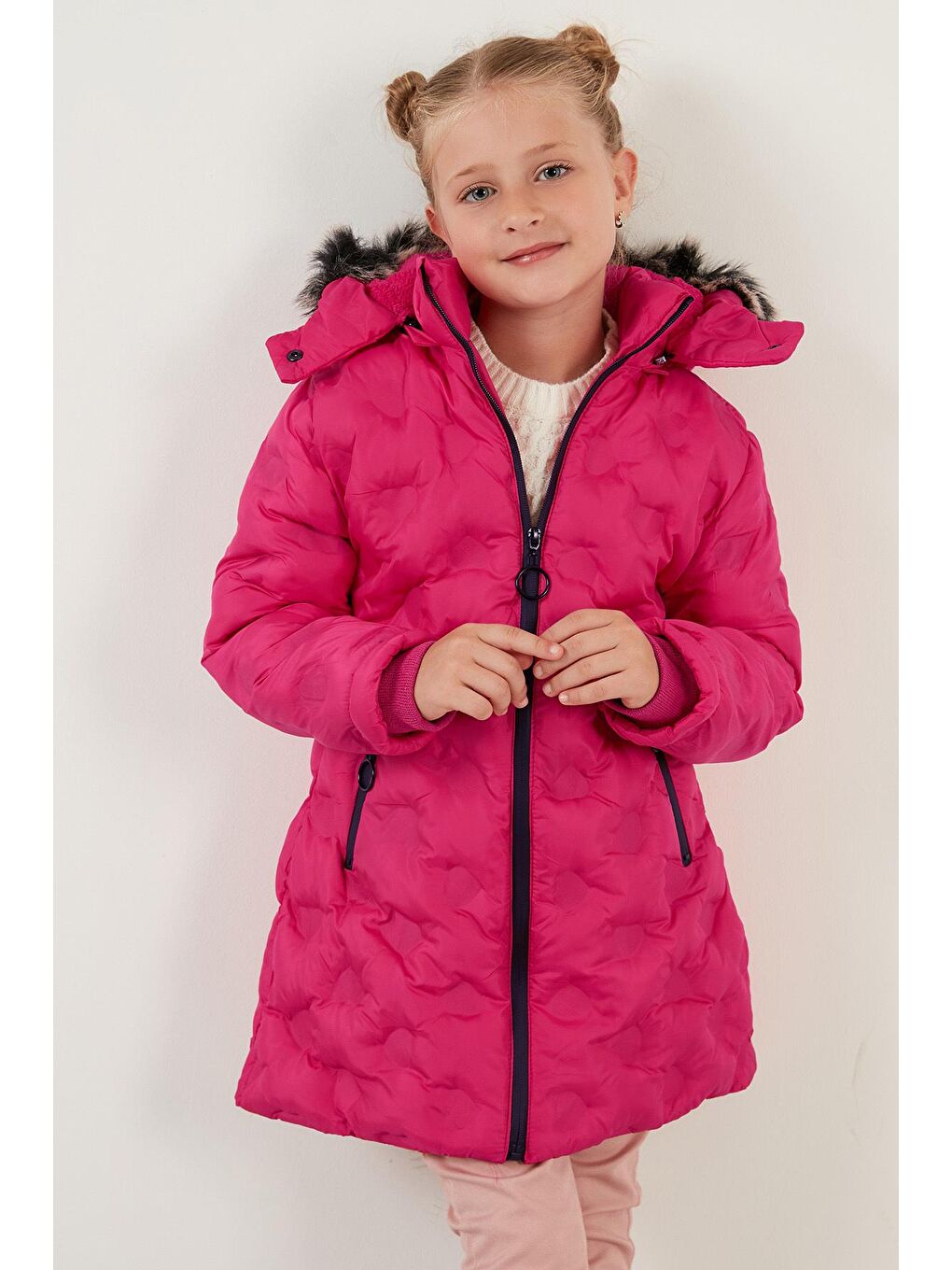 Fuşya Yakası Suni Kürklü Çıkarılabilir Kapüşonlu Pelüş Astarlı Kışlık Uzun Kız Çocuk 5760003-3