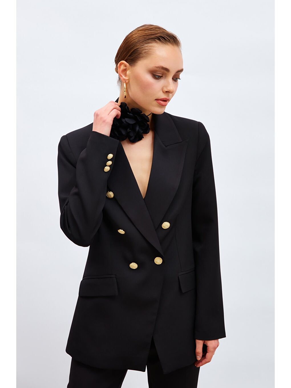 Düğmeli Blazer Ceket - Siyah-1
