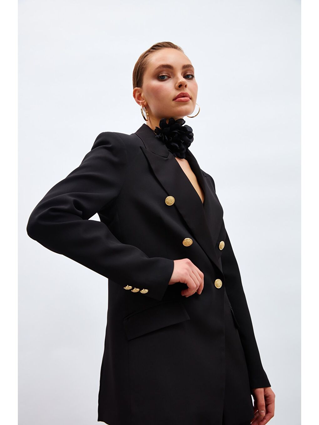 Düğmeli Blazer Ceket - Siyah-3
