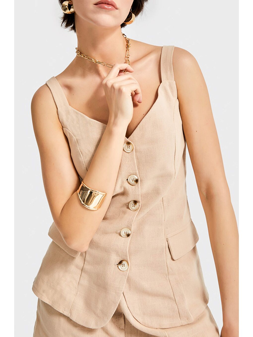 Kadın Bej Renk s5-57 Maxi Boy Askılı Önü Düğmeli Keten Kumaş Yelek-1