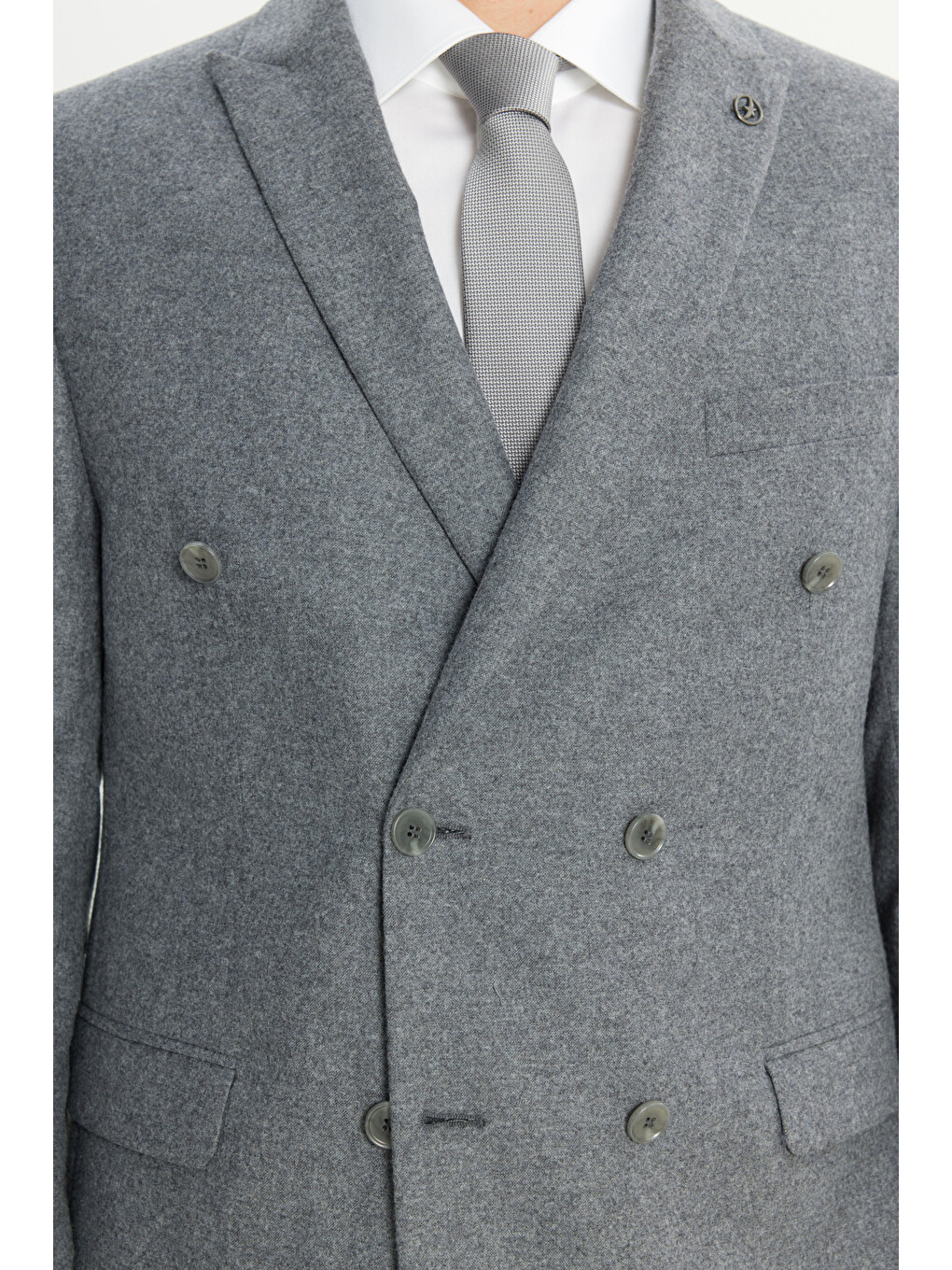 Erkek Gri Yün Slim Fit Dar Kesim Kırlangıç Yaka Kapak Cepli Kruvaze Takım Elbise-8