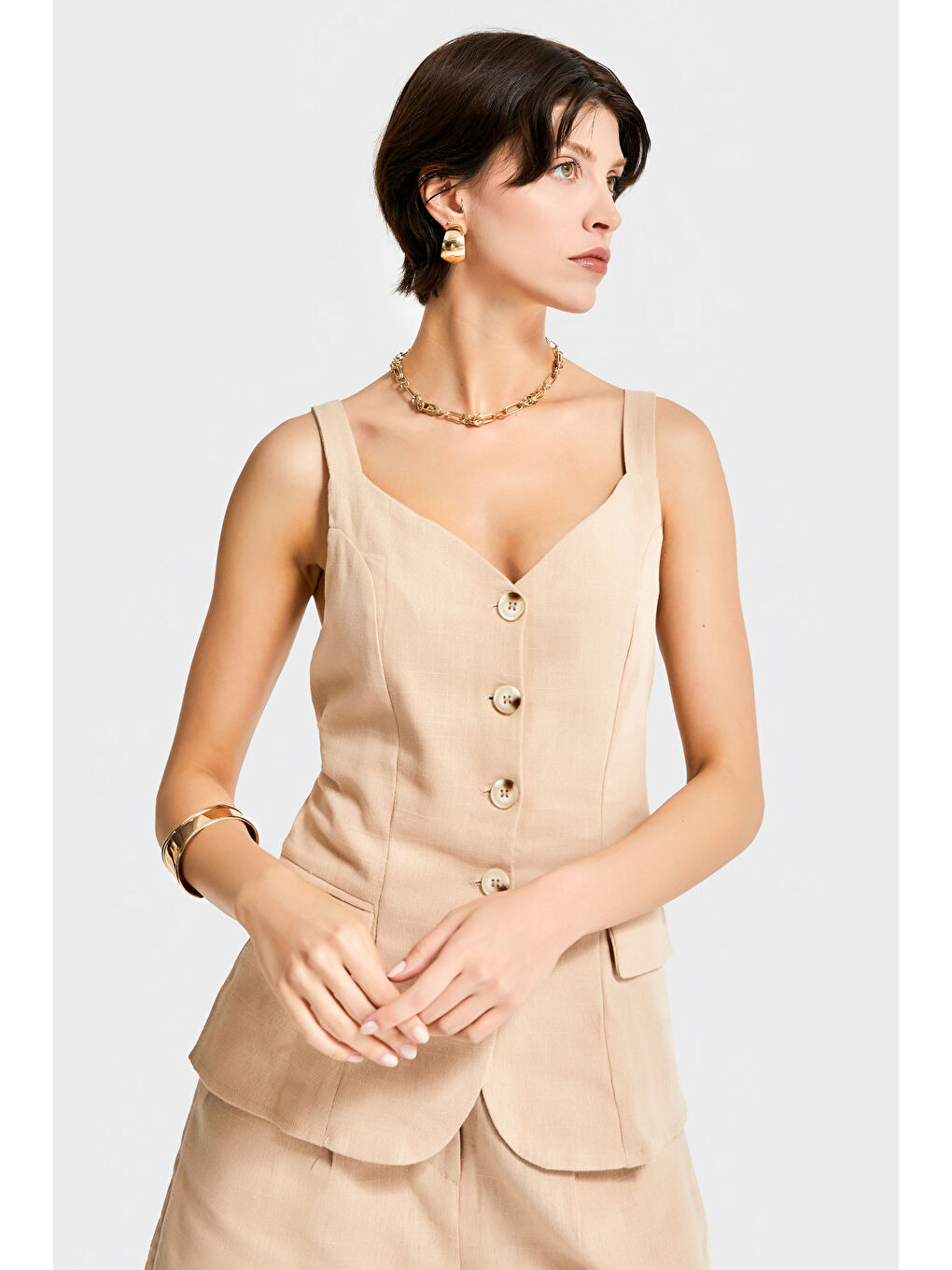 Kadın Bej Renk s5-57 Maxi Boy Askılı Önü Düğmeli Keten Kumaş Yelek-4