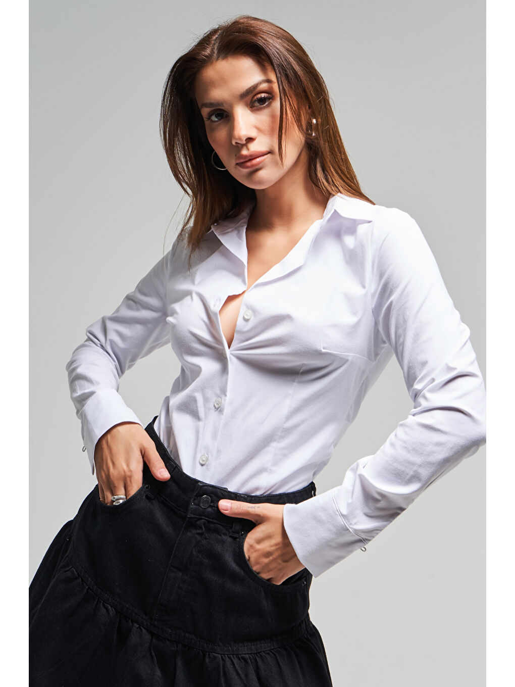 Kadın Beyaz Renk S5-2 Esnek Kumaş Slim Fit Belden Oturmalı %100 Pamuk Gömlek