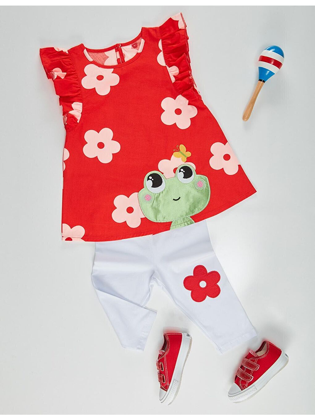 Denokids Karışık Frog Kırmızı Beyaz Kız Tunik Takım - 2