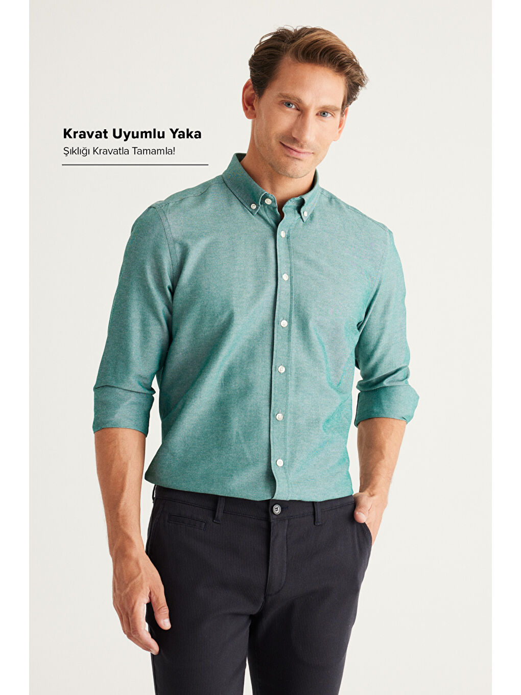 Erkek Yeşil Tailored Slim Fit Dar Kesim Düğmeli Yaka Oxford Gömlek