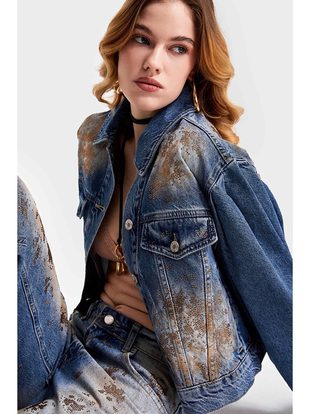 Mavi Kadın T.Kot Rengi 4S568 Parlak Taşlı Tasarım Denim Ceket