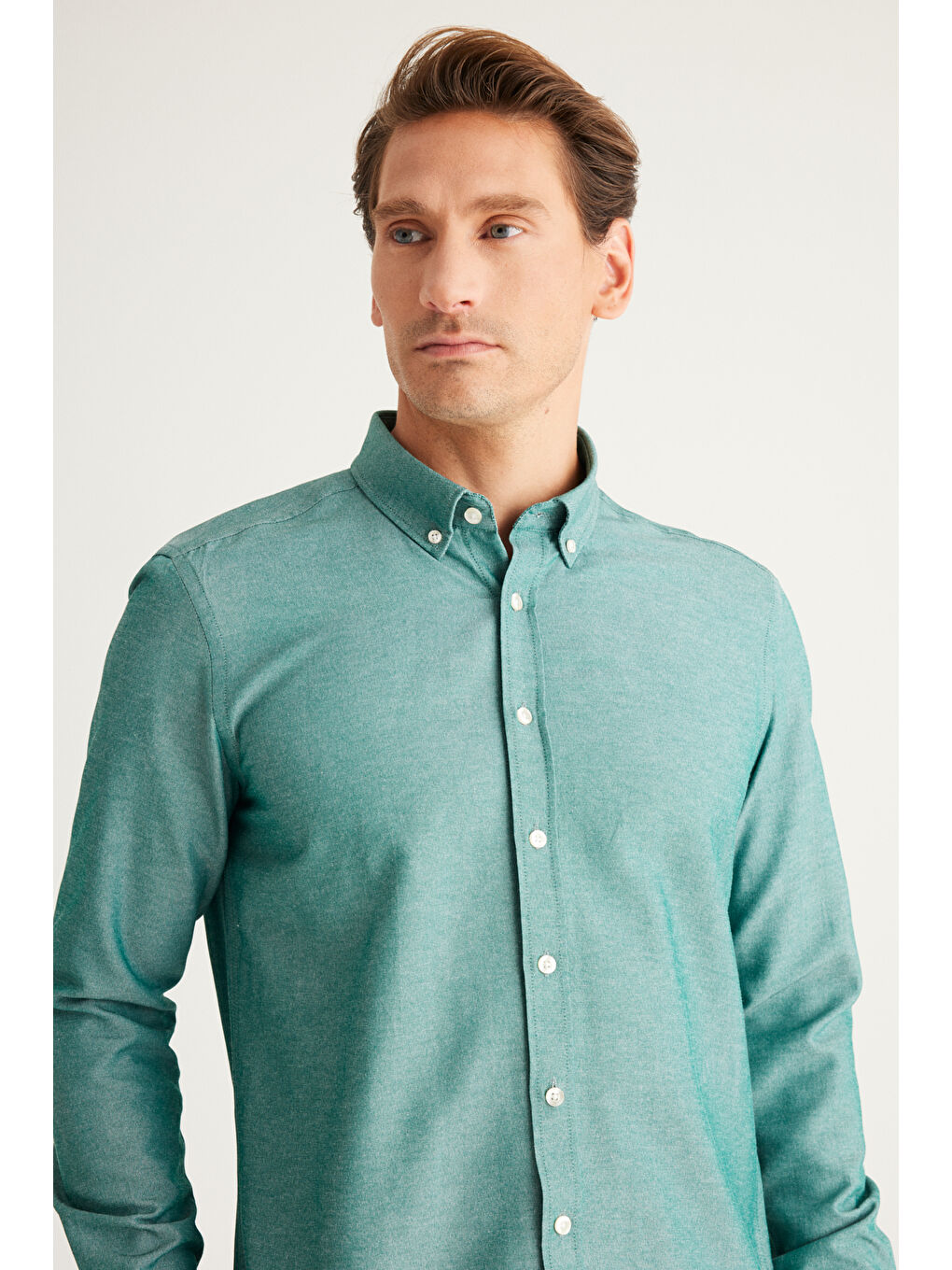 Erkek Yeşil Tailored Slim Fit Dar Kesim Düğmeli Yaka Oxford Gömlek-1