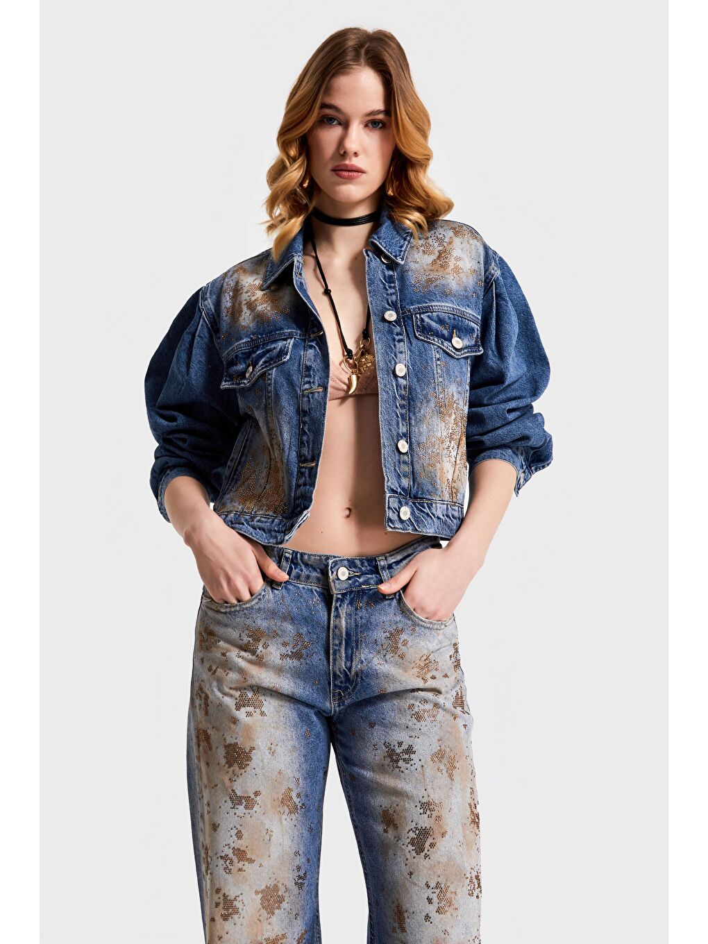 Mavi Kadın T.Kot Rengi 4S568 Parlak Taşlı Tasarım Denim Ceket-1