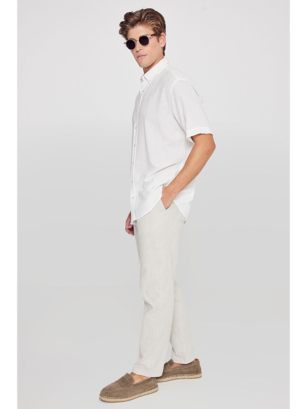 Bej Erkek Taş %100 Pamuk Slim Fit Dar Kesim Beli Bağlamalı Yan Cepli Pantolon