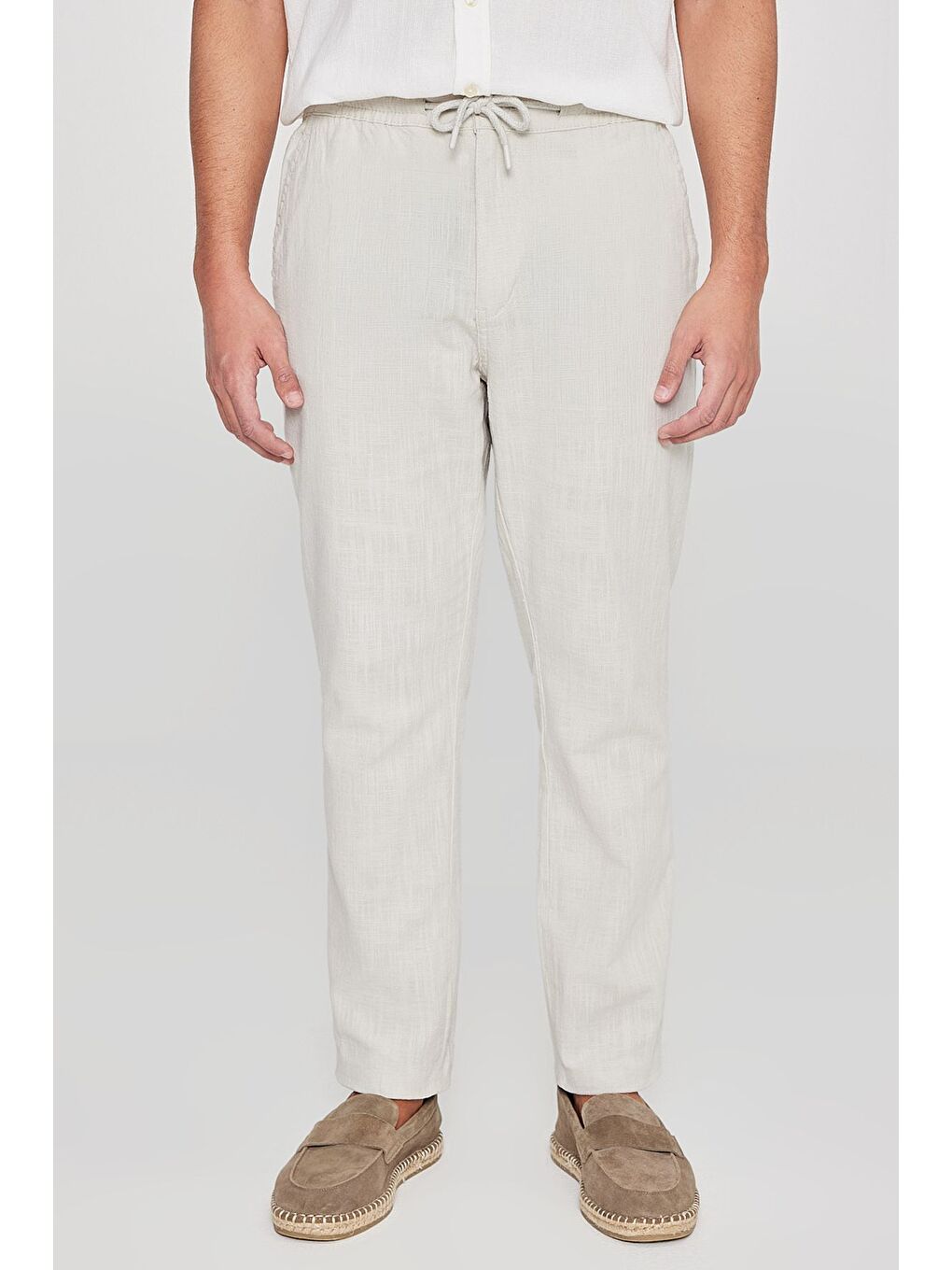 Bej Erkek Taş %100 Pamuk Slim Fit Dar Kesim Beli Bağlamalı Yan Cepli Pantolon-1