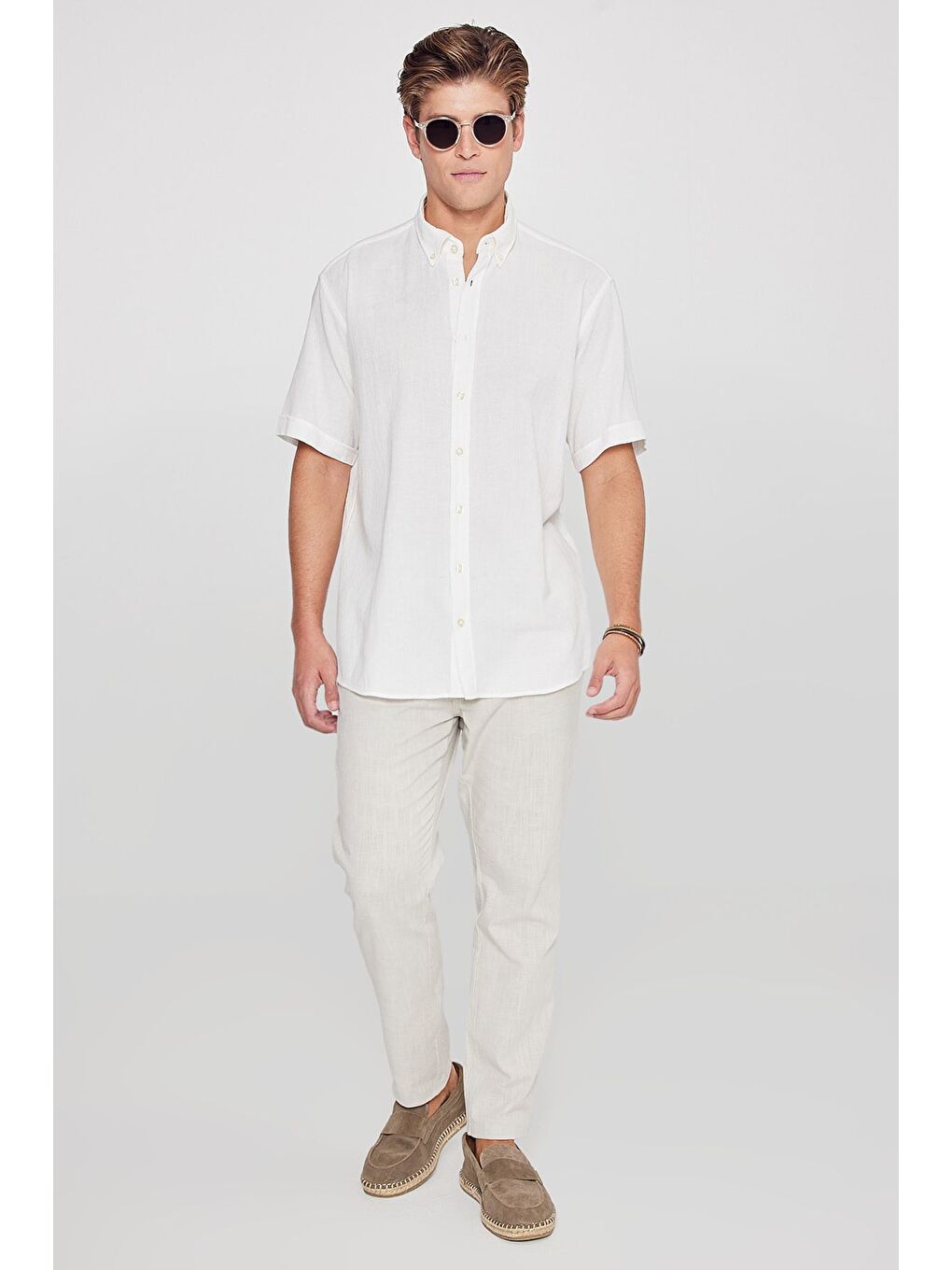 Bej Erkek Taş %100 Pamuk Slim Fit Dar Kesim Beli Bağlamalı Yan Cepli Pantolon-2