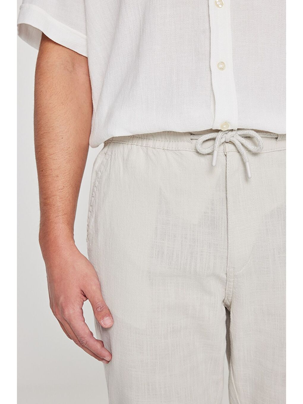 Bej Erkek Taş %100 Pamuk Slim Fit Dar Kesim Beli Bağlamalı Yan Cepli Pantolon-3
