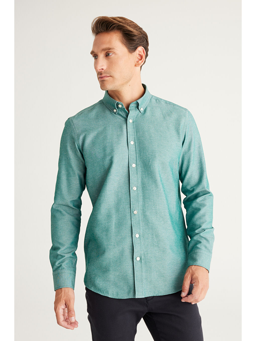 Erkek Yeşil Tailored Slim Fit Dar Kesim Düğmeli Yaka Oxford Gömlek-3