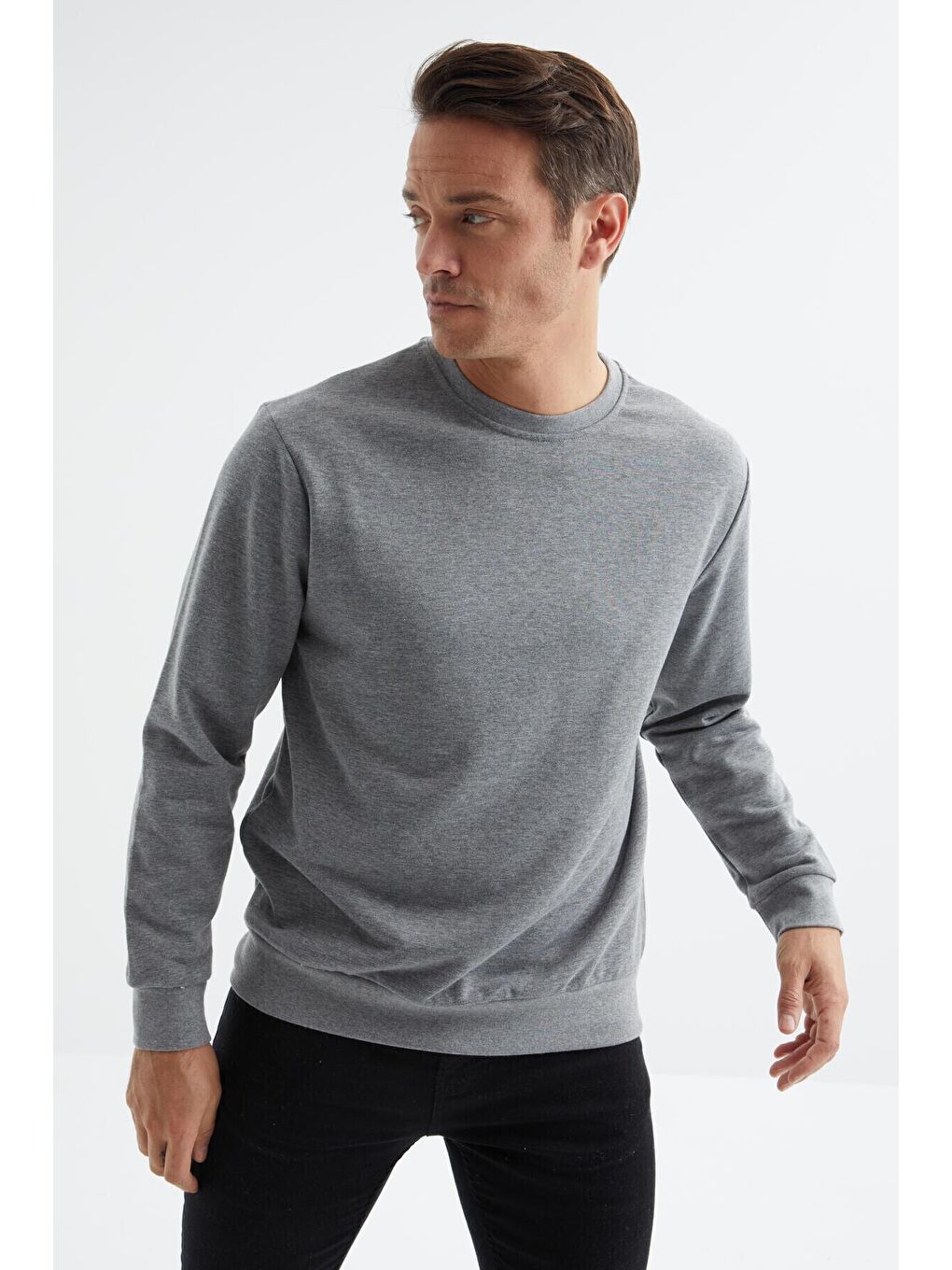 TOMMYLIFE Gri Melanj Basic Bisiklet Yaka Rahat Form Erkek Sweatshirt - 88053