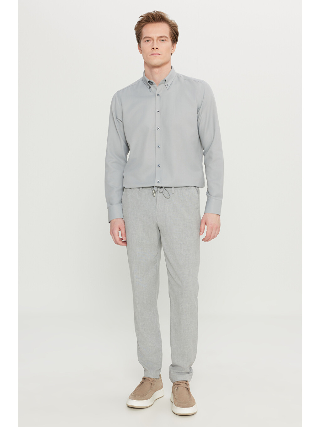 Erkek Gri Slim Fit Dar Kesim Beli Bağlamalı Yan Cepli Casual Jogger Pantolon
