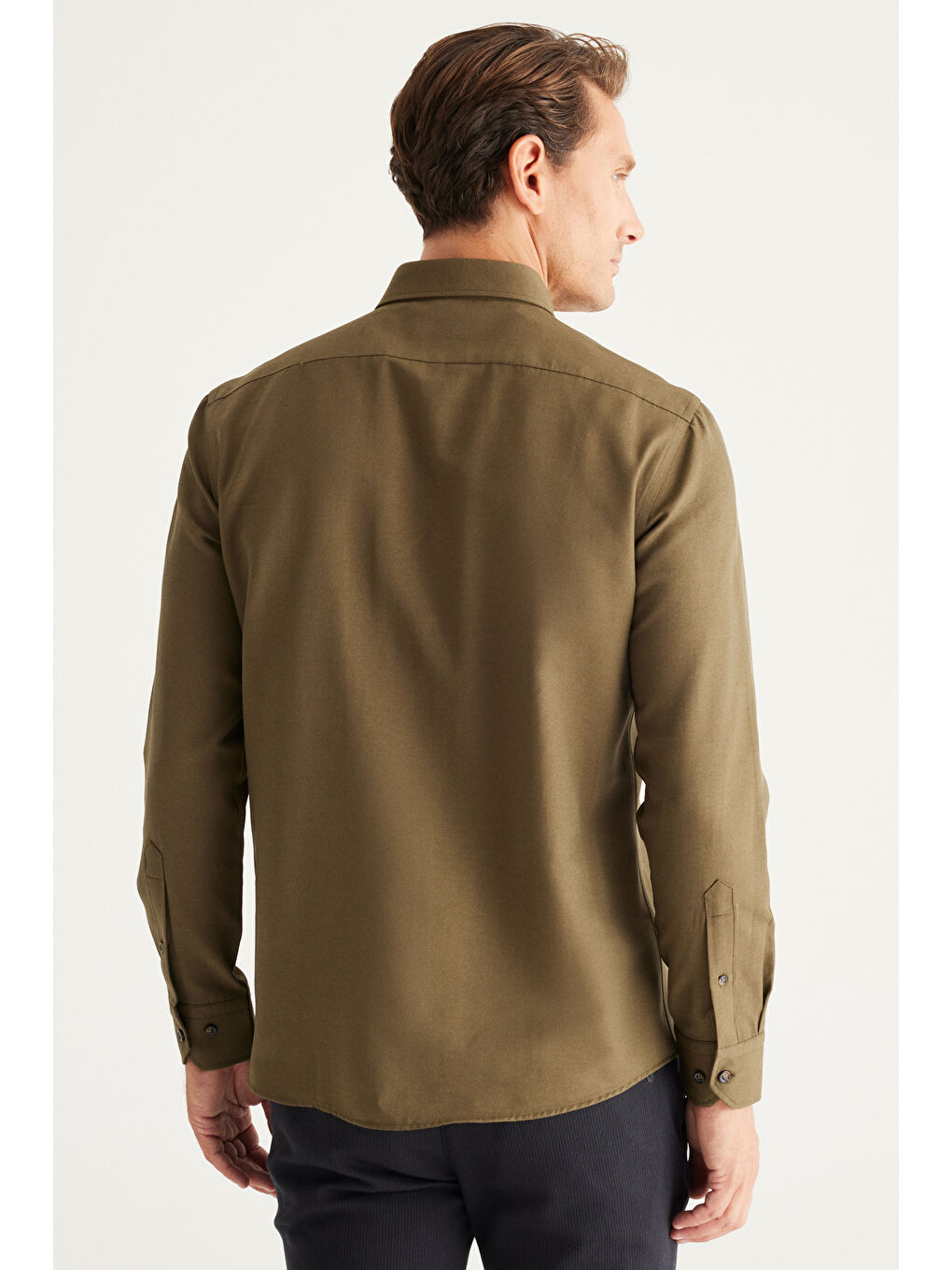 Erkek Haki Tailored Slim Fit Dar Kesim Düğmeli Yaka Oxford Gömlek-7